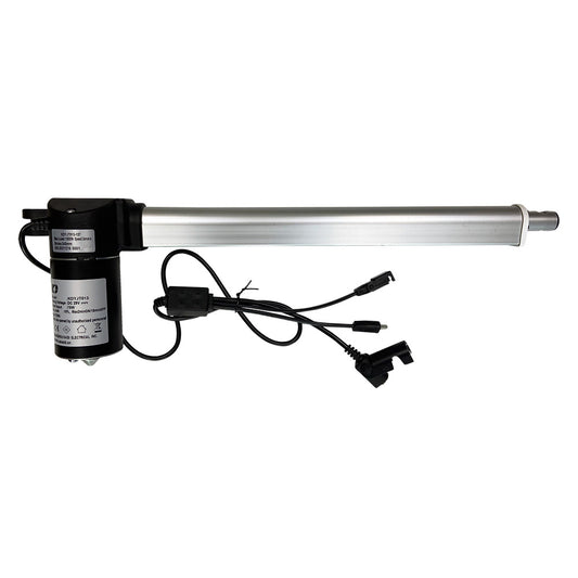 A linear actuator motor assembly which includes a black motor housing and a silver actuator arm with multiple plugs for connectivity.