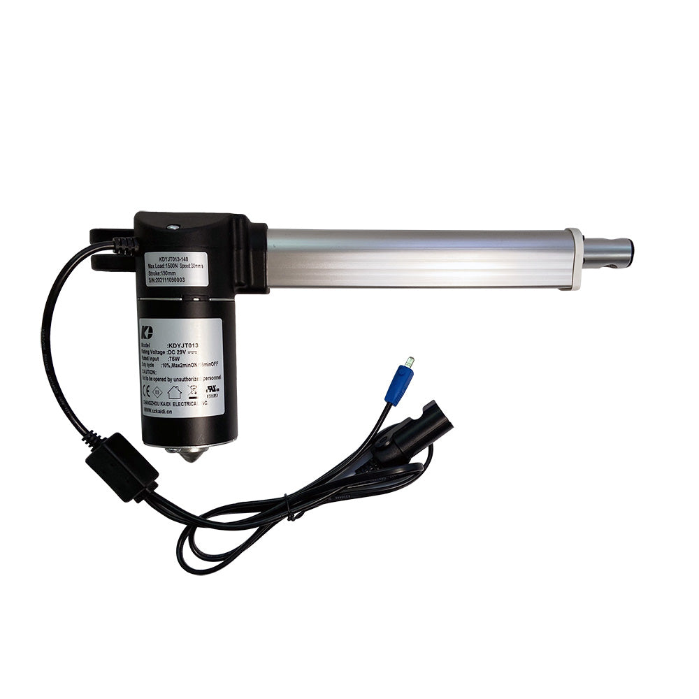 A black linear actuator motor assembly with a metallic cylinder and two attached wires, isolated on a white background.