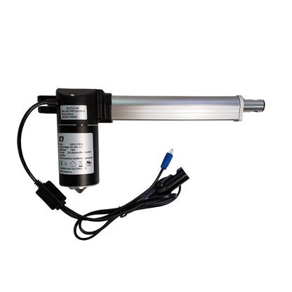 A black linear actuator motor assembly with a metallic cylinder and two attached wires, isolated on a white background.
