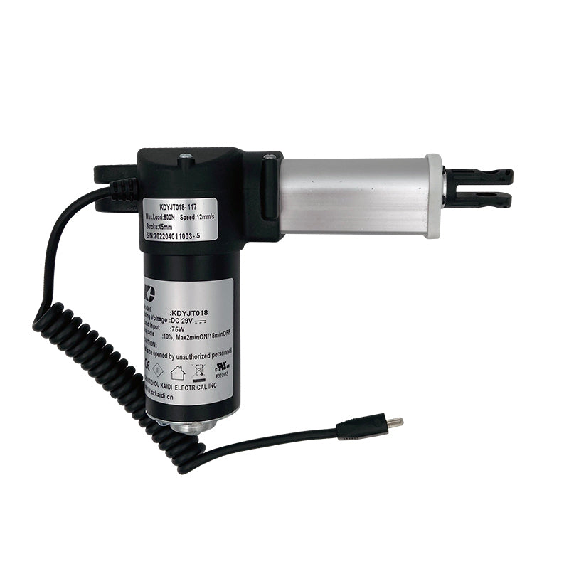 A black and silver linear actuator motor assembly with a coiled cable and a USB connector.