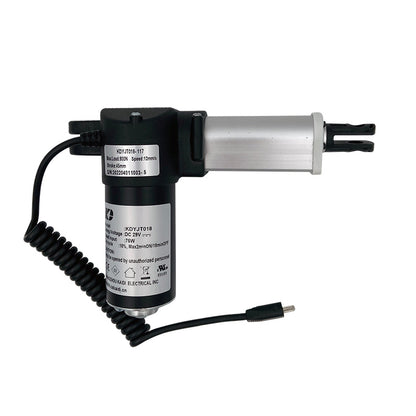 A black and silver linear actuator motor assembly with a coiled cable and a USB connector.