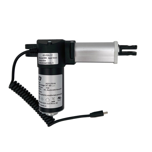 A black and silver linear actuator motor assembly with a coiled cable and a USB connector.