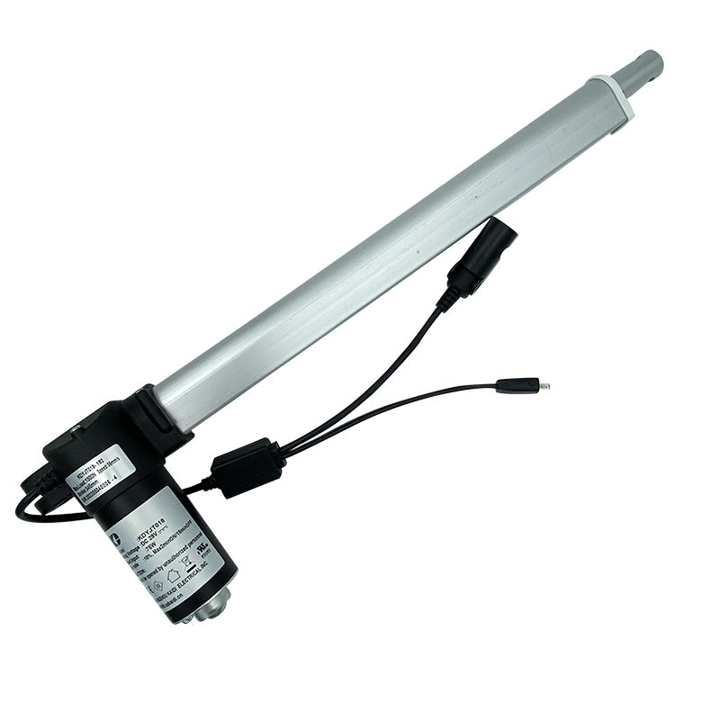 A silver linear actuator motor assembly with a black electric cable attached to it.