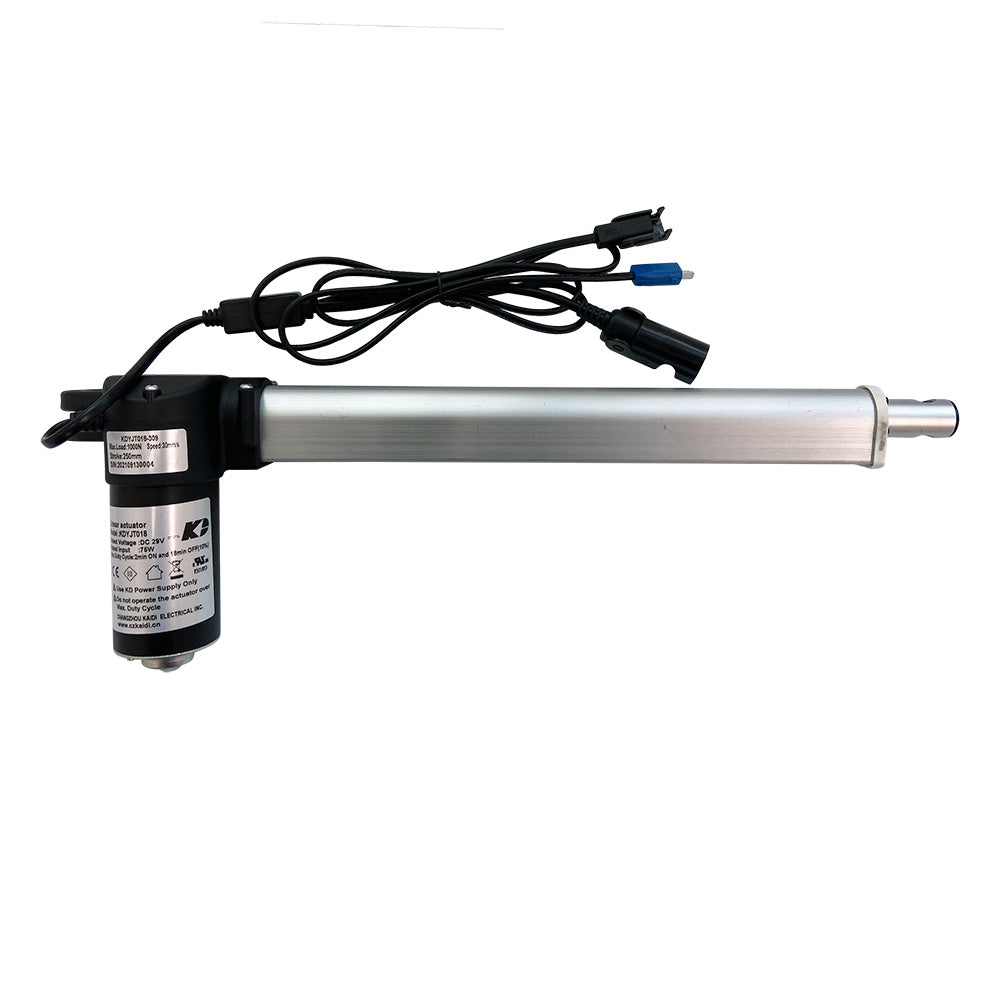 A linear actuator motor assembly with a black body, silver shaft, and attached electrical wires.