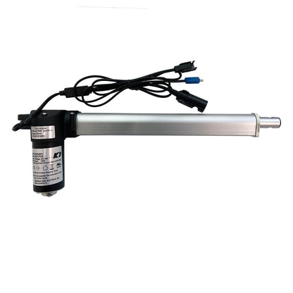A linear actuator motor assembly with a black body, silver shaft, and attached electrical wires.
