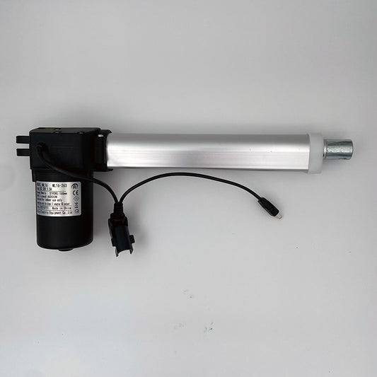A Mulin ML16-263 linear actuator, consisting of a black motor unit connected to a silver shaft, with a cable and electrical plug.
