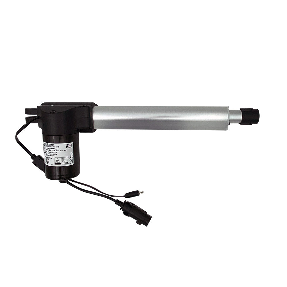 A black and silver linear actuator motor for a recliner chair, with a five-pin female plug and a two-pin male plug.