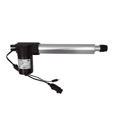 A black and silver linear actuator motor for a recliner chair, with a five-pin female plug and a two-pin male plug.