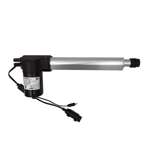 A black and silver linear actuator motor for a recliner chair, with a five-pin female plug and a two-pin male plug.