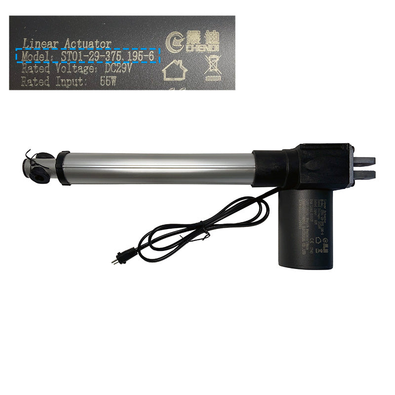 A Chendi linear actuator with model number ST01-29-375.195-6, featuring a black motor housing and a silver shaft.