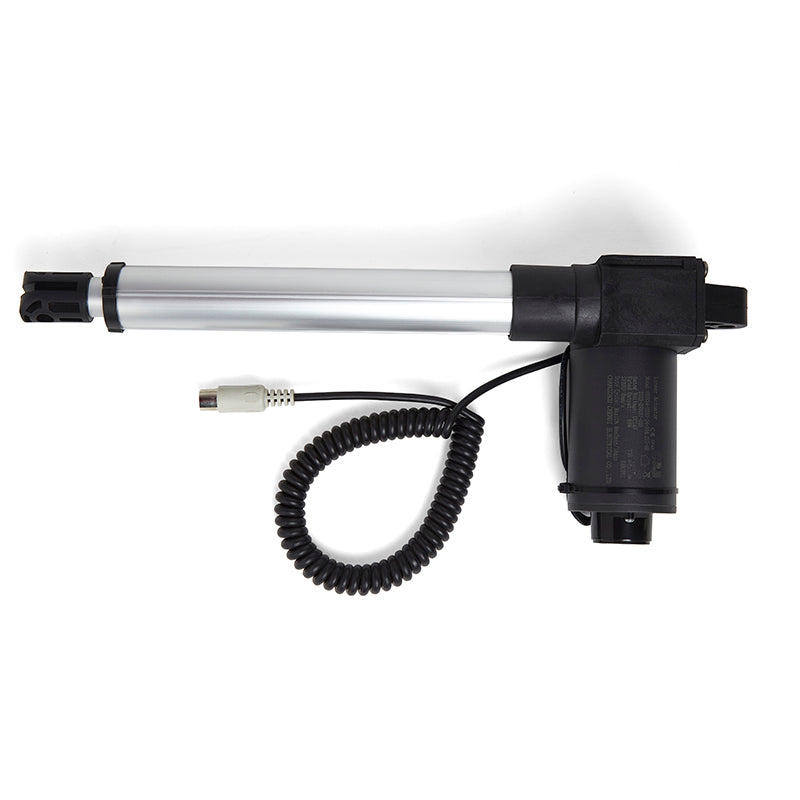 A black and silver linear actuator with a coiled wire and a clear tube body, designed for use with power lift recliner chairs.
