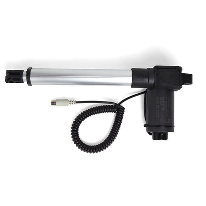 A black and silver linear actuator with a coiled wire and a clear tube body, designed for use with power lift recliner chairs.