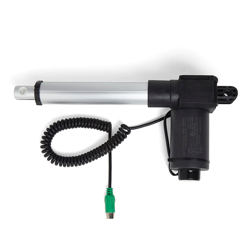 A black and silver linear actuator with a coiled cable and green connector, designed for use with power lift recliner chairs.