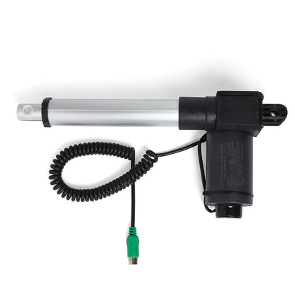 A black and silver linear actuator with a coiled cable and green connector, designed for use with power lift recliner chairs.
