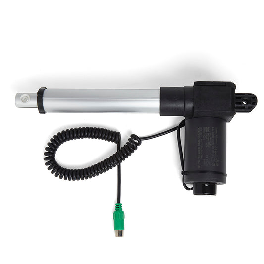 A black and silver linear actuator with a coiled cable and green connector, designed for use with power lift recliner chairs.